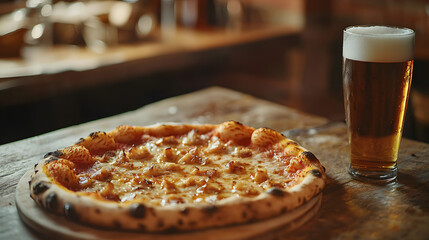 Freshly Baked Hawaiian Pizza on Wooden Table with Glass of Beer in Cozy Setting