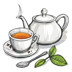 Hand-Drawn Tea Set Illustration – Teapot, Teacup, and Green Leaves
