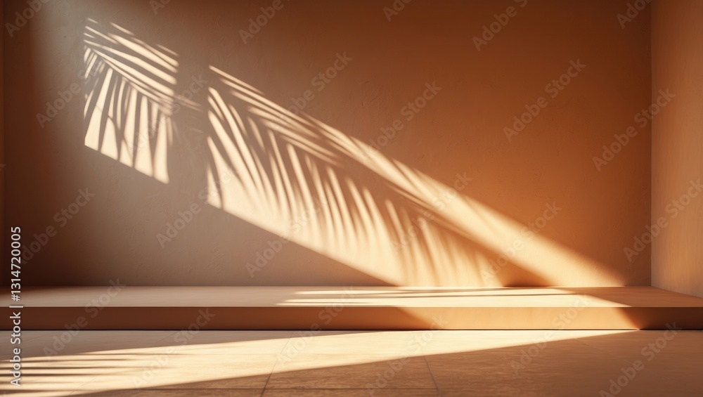 Poster Minimal product placement backdrop featuring palm shadows on a wall. Luxurious summer architectural interior aesthetic. Innovative product platform stage mockup.