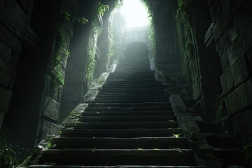Mystical ancient staircase in jungle with lush greenery sunlight