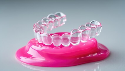 Transparent invisible dental aligners or braces suitable for orthodontic dental treatment. Removable clear braces aligner, silicone orthodontic trainer. Dental care.