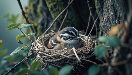 Fototapeta premium Baby bird resting in its nest, surrounded by climbers, captured with a telephoto lens.