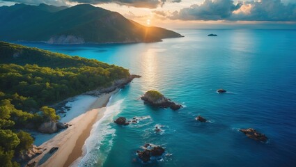Aerial view of turquoise sea, mountains with lush green forest, rocks in the water, sandy beach at sunset during summer. Stunning landscape featuring coastal areas, azure water, and clouds in the s...