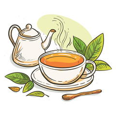 Hand-Drawn Tea Set Illustration – Teapot, Teacup, and Green Leaves