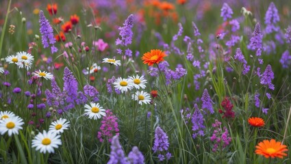 Colorful herb meadow filled with purple blooming and orange flowers. Meadow flowers captured in landscape format ideal for wall decoration.