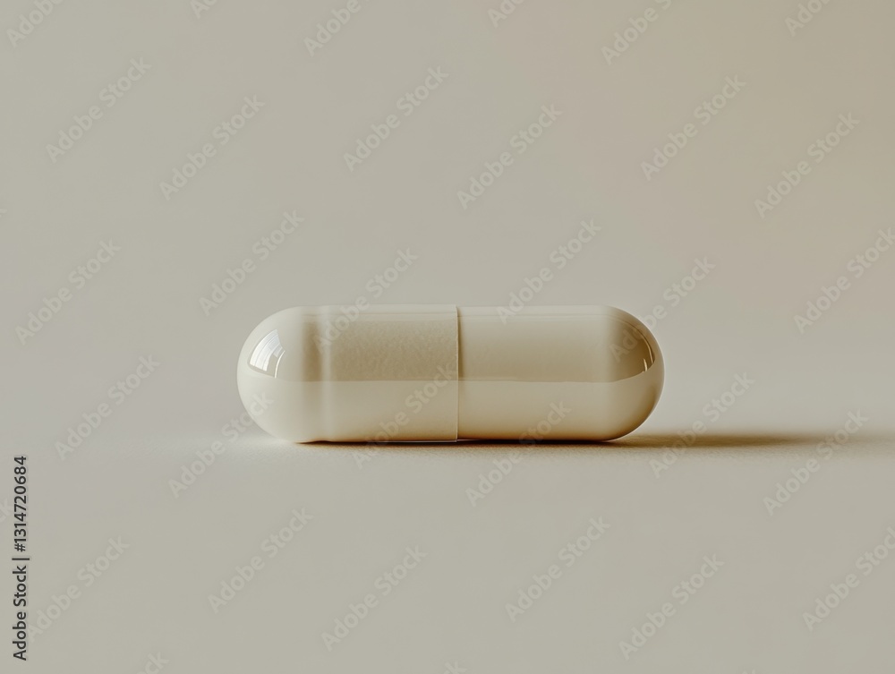 Poster close up of a white capsule on a neutral background in horizontal position with soft light for medic