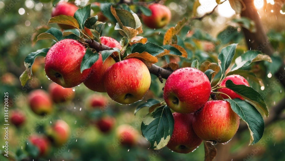 Aufkleber autumn day. rural garden. the frame features ripe red apples on a tree. it's raining. horizontal fra