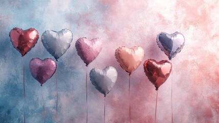 Colorful heart-shaped balloons float against dreamy pastel backg
