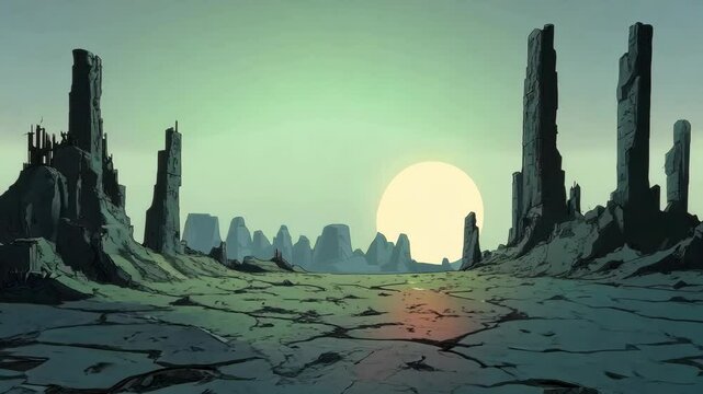 An apocalyptic wasteland with barren earth, jagged rocks, and distant ruins in a procedural landscape. An animated illustration.