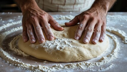 Obraz premium Baker working the dough for pizza or artisan bread with his hands, preparing ingredients for food, baking pastry.