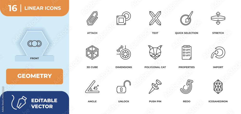 Poster outline icons set - geometry concept. front, attach and more.