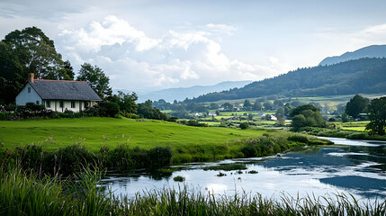 Obraz premium Picturesque Irish Countryside Landscape With White Cottage Green Field And River Reflecting Cloudy Sky