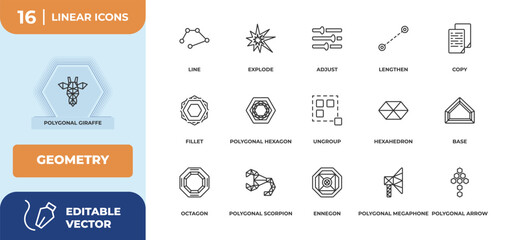 outline icons set - geometry concept. polygonal giraffe, line and more.