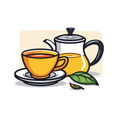 Hand-Drawn Tea Set Illustration – Teapot, Teacup, and Green Leaves