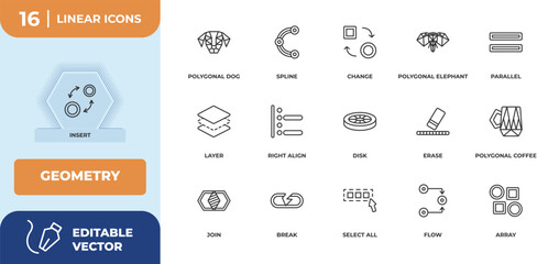 outline icons set - geometry concept. insert, polygonal dog and more.
