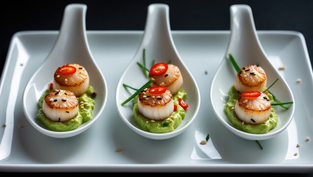 Seafood scallop salad served in a spoon