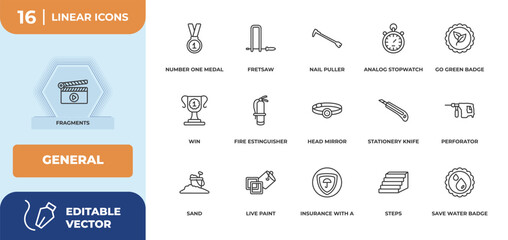 outline icons set - general concept. fragments, number one medal and more.