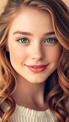 Obraz premium Close-up portrait of a smiling woman with curly hair. Possible use Beauty product advertising