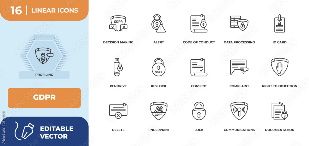 Poster outline icons set - gdpr concept. profiling, decision making and more.