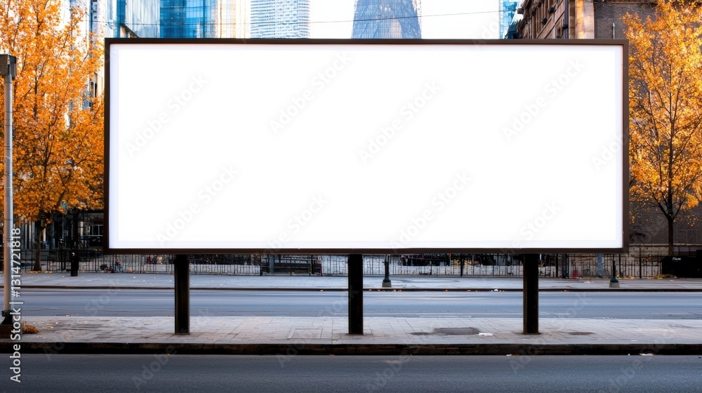 Poster a large blank billboard stands in an urban setting with autumn trees and tall buildings in the backg