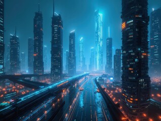 Fototapeta premium Futuristic cityscape with glowing digital cables connecting skyscrapers at night