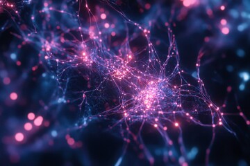 Neural network visualization with glowing clusters and interconnections, futuristic artificial intelligence concept for innovative technology presentation or banner design