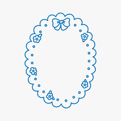 Coquette frame decorated of blue bow, small cute flowers, dots. Spring or summer oval border with ruffle. Vintage whimsical background for greeting cards, wedding, invitations, social media