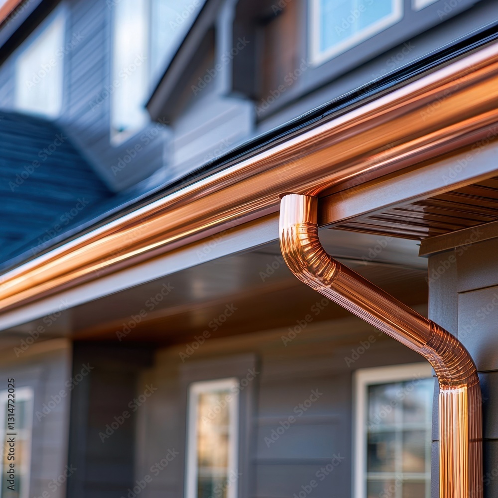 Poster gleaming copper gutter system on a modern house showcasing architectural detail and rainwater manage