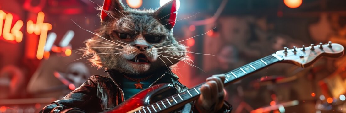 A cool cat playing guitar on stage, bringing a fun and lively atmosphere to the music scene.