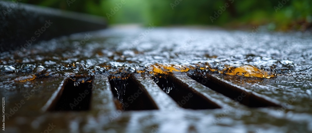 Poster captivating close up of water flowing over a metal grate in a forest setting with soft bokeh backgro