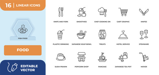 outline icons set - food concept. fish food, knife and fork and more.