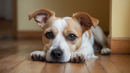 Sad dog resting on the floor at home. Cute pet gazing at the camera.