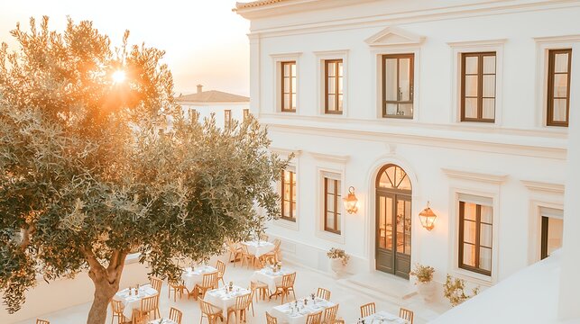 Sunset dining experience elegant restaurant outdoor setting tranquil environment serene view culinary delight