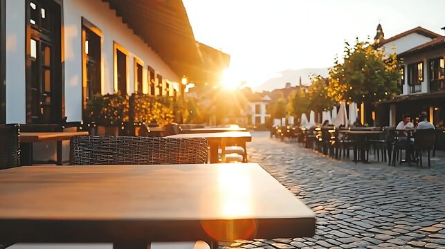 Sunset dining experience at a charming outdoor restaurant cobblestone street lifestyle photography warm atmosphere