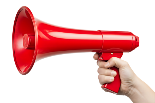 Red megaphone held by hand on transparent background