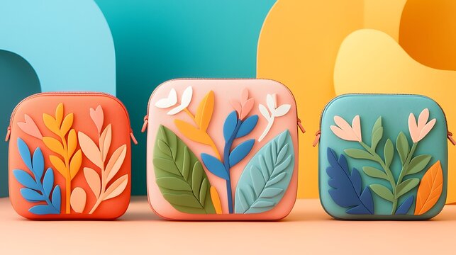 Creative design showcase of colorful floral embossed bags studio setting still life vibrant colors artistic perspective