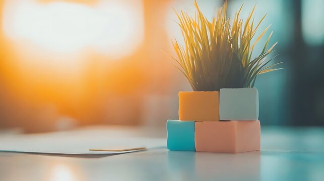 Decorative green grass plant on colorful blocks against sunset light indoor still life relaxed atmosphere close-up