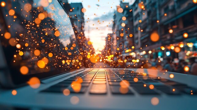 Dynamic laptop scene with sparkling effects urban street digital art sunset close-up creativity unleashed