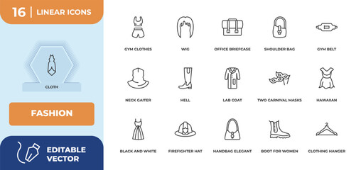 outline icons set - fashion concept. cloth, gym clothes and more.