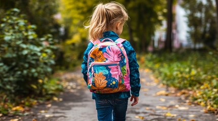 Back view of a young child, walking alone towards school