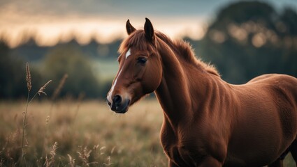 Obraz premium Selective focus image of a brown pony in the field.