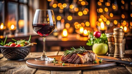 Fototapeta premium Elegant Steak Dinner with Red Wine in Cozy Restaurant Ambiance