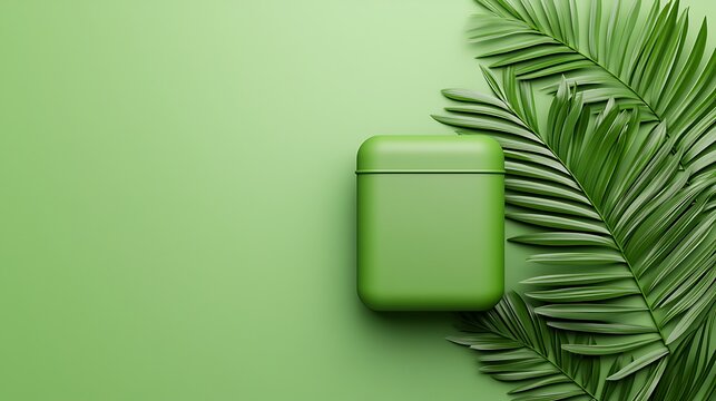 Exploring minimalist design green container and tropical leaves studio setting product photography modern aesthetic