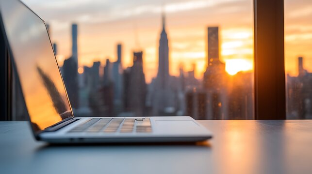Sunset laptop view over city skyline urban environment digital workspace modern lifestyle