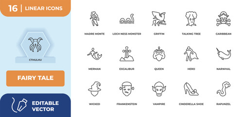 outline icons set - fairy tale concept. cthulhu, madre monte and more.