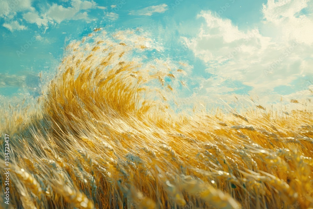 Poster golden wheat field under a bright blue sky, gently swaying in the wind, creating a wave-like pattern