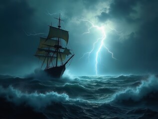 Obraz premium Pirate Ship Battling a Stormy Sea with Lightning