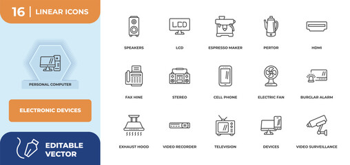 outline icons set - electronic devices concept. personal computer, speakers and more.