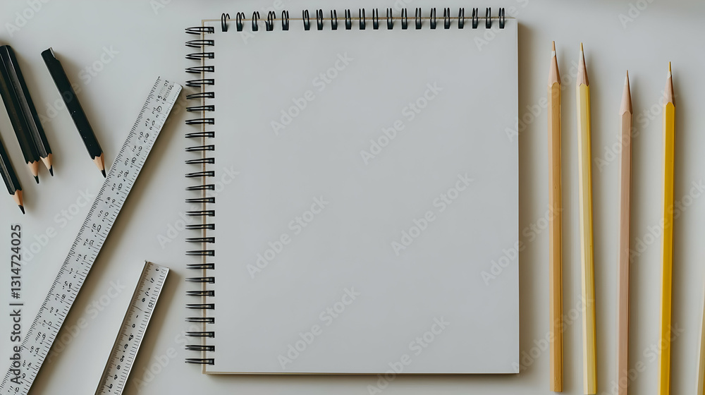 Poster open spiral bound notebook mockup with blank white page pencils and ruler arranged on clean minimali