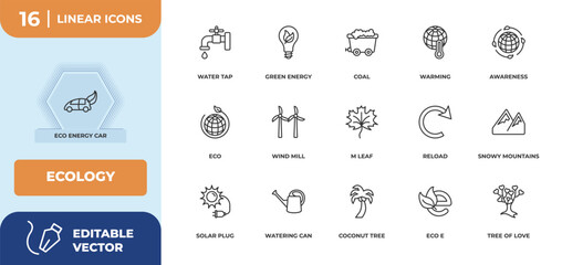 outline icons set - ecology concept. eco energy car, water tap and more.
